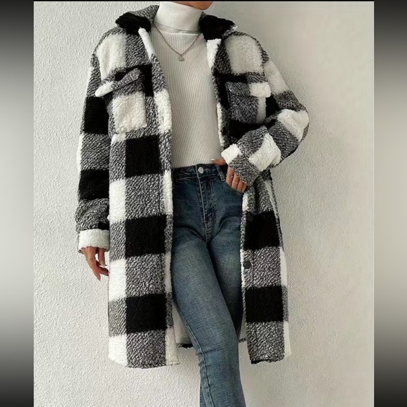 Plaid Pattern Teddy Coat, Casual Button Front Long Sleeve Outerwear, - Picture 1 of 5